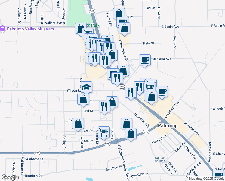 map of restaurants, bars, coffee shops, grocery stores, and more near 380 East Street in Pahrump
