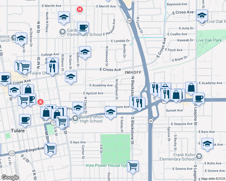 map of restaurants, bars, coffee shops, grocery stores, and more near 980 East Apricot Avenue in Tulare