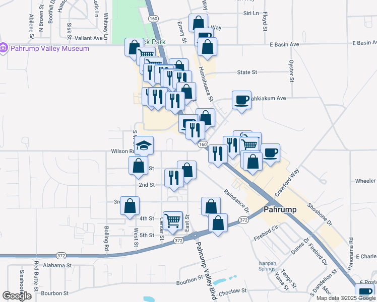 map of restaurants, bars, coffee shops, grocery stores, and more near 1020 East Wilson Road in Pahrump