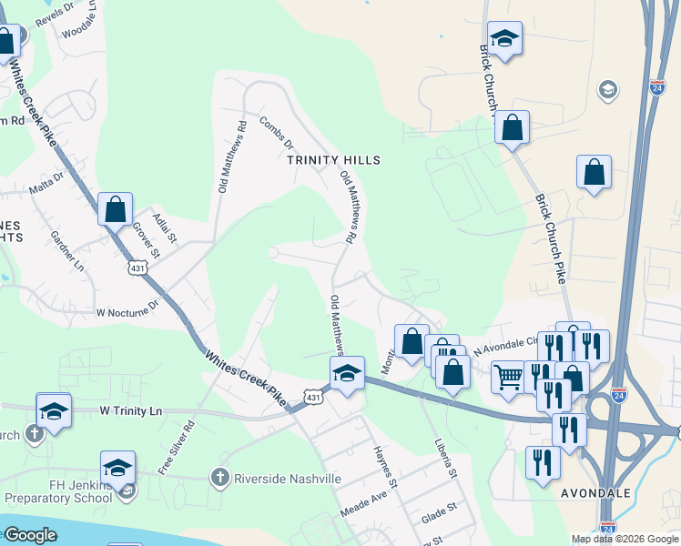 map of restaurants, bars, coffee shops, grocery stores, and more near 2611 Old Matthews Road in Nashville