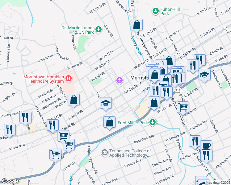 map of restaurants, bars, coffee shops, grocery stores, and more near 511 West 2nd North Street in Morristown