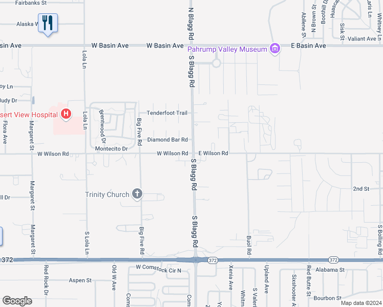 map of restaurants, bars, coffee shops, grocery stores, and more near 2 West Wilson Road in Pahrump