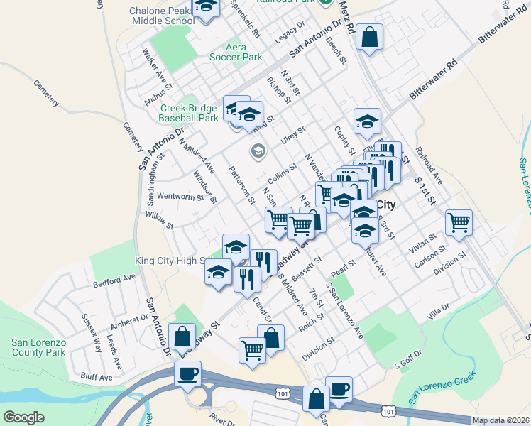 map of restaurants, bars, coffee shops, grocery stores, and more near 2 Ellis Street in King City