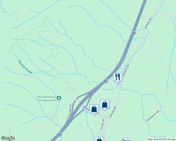 map of restaurants, bars, coffee shops, grocery stores, and more near 119 Powder Hollow Road in Unicoi