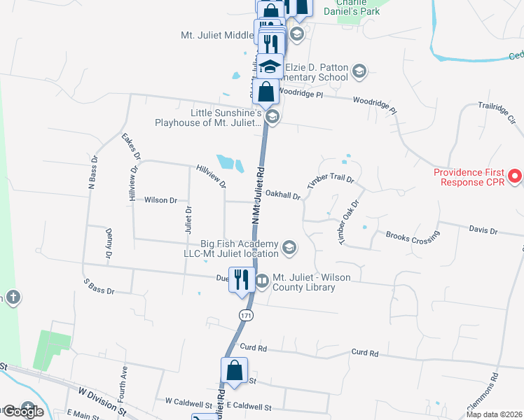 map of restaurants, bars, coffee shops, grocery stores, and more near 3007 North Mount Juliet Road in Mount Juliet