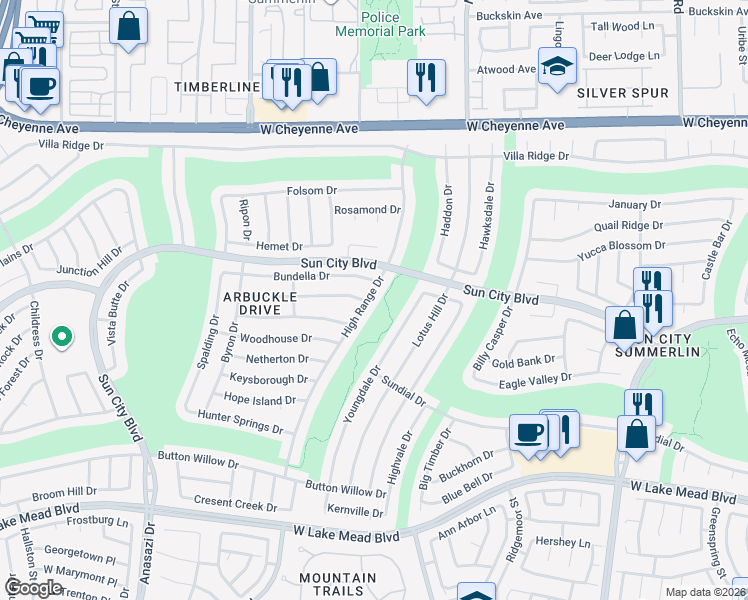 map of restaurants, bars, coffee shops, grocery stores, and more near 2820 High Range Drive in Las Vegas