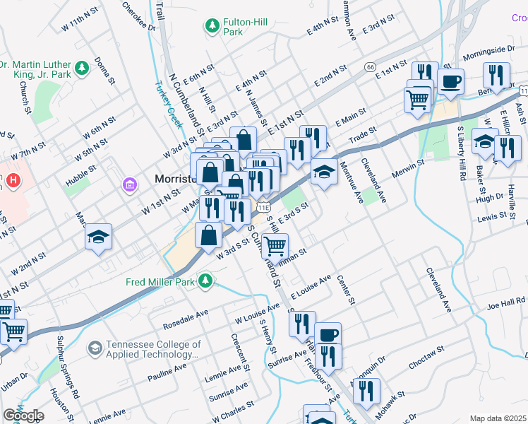 map of restaurants, bars, coffee shops, grocery stores, and more near 186-298 South Hill Street in Morristown