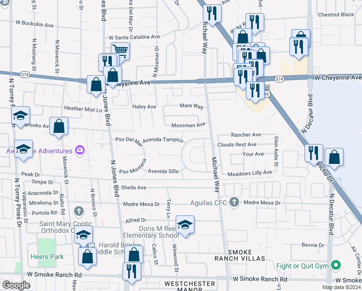 map of restaurants, bars, coffee shops, grocery stores, and more near 5518 Avenida Vaquero in Las Vegas