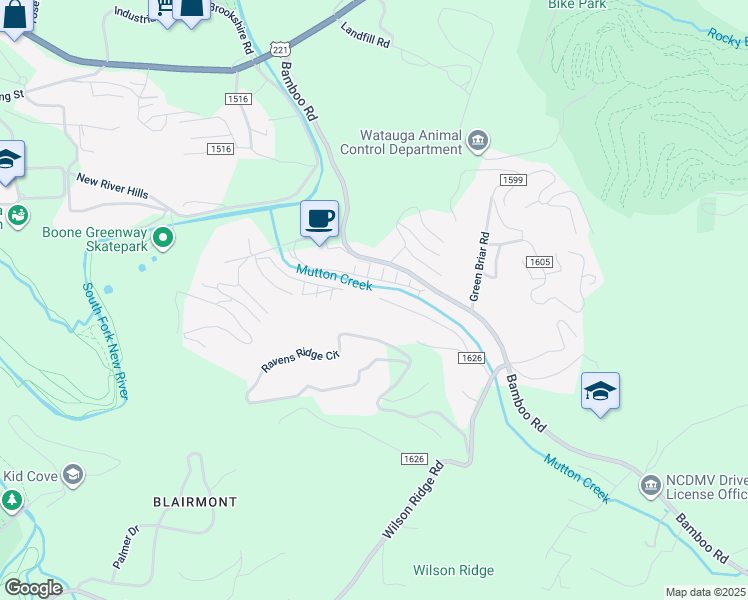 map of restaurants, bars, coffee shops, grocery stores, and more near Blue Bird Lane in Boone