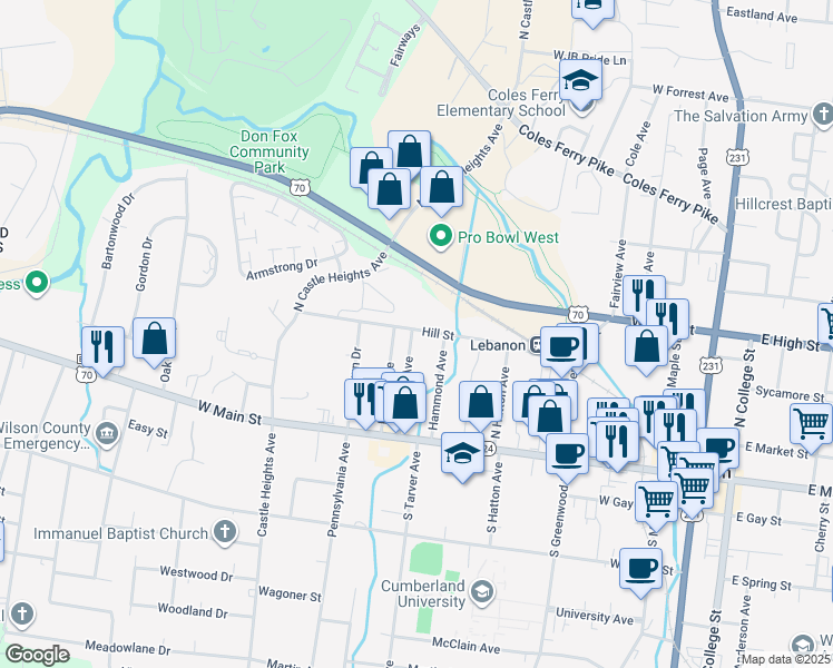 map of restaurants, bars, coffee shops, grocery stores, and more near 141 North Tarver Avenue in Lebanon