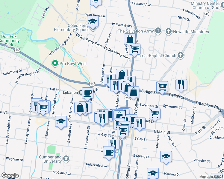 map of restaurants, bars, coffee shops, grocery stores, and more near 333 West High Street in Lebanon