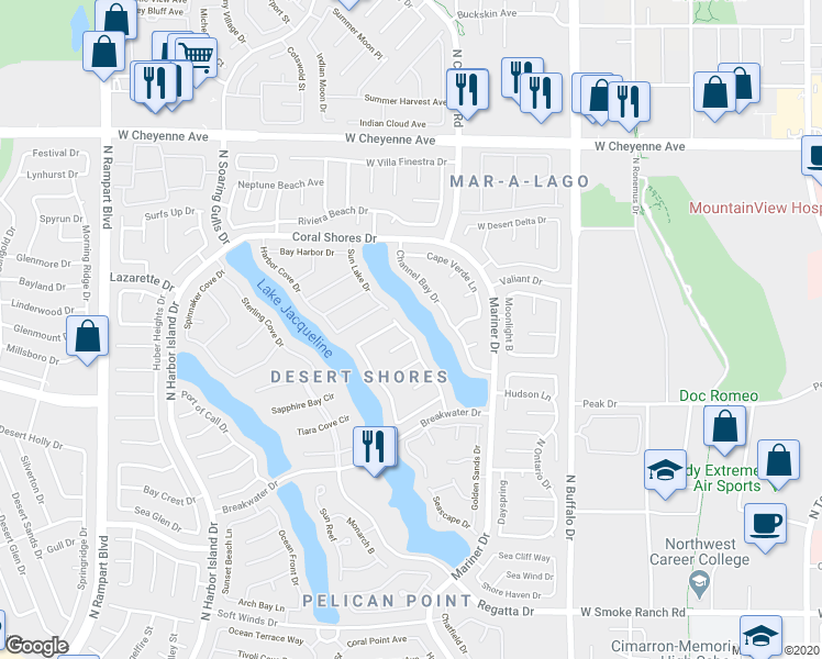 map of restaurants, bars, coffee shops, grocery stores, and more near 2820 Lakecrest Drive in Las Vegas