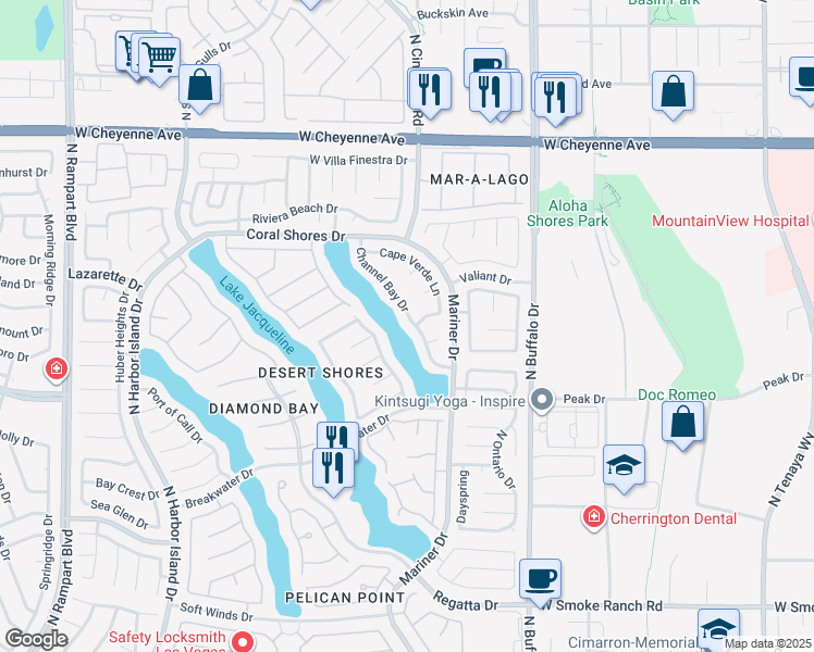 map of restaurants, bars, coffee shops, grocery stores, and more near 2861 Channel Bay Drive in Las Vegas
