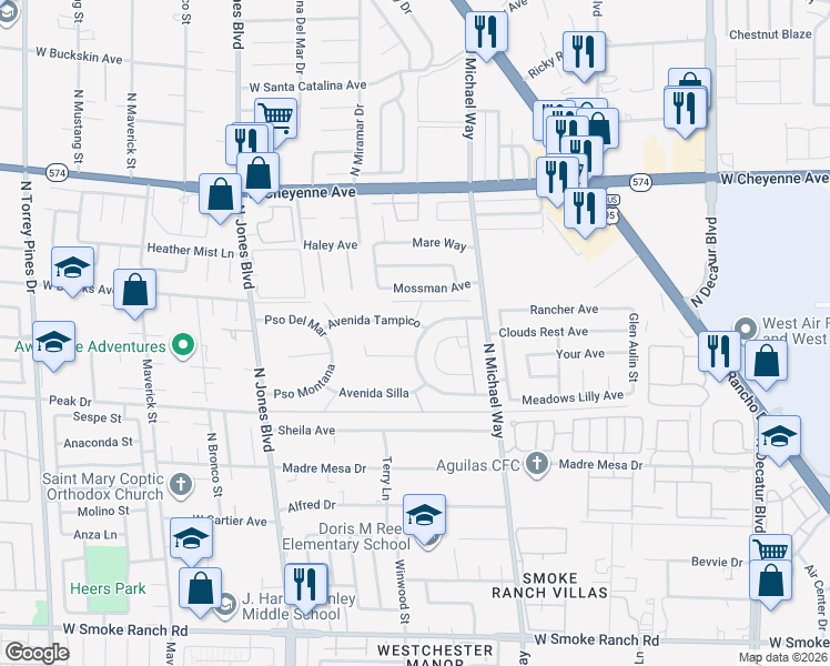 map of restaurants, bars, coffee shops, grocery stores, and more near 5518 Avenida Vaquero in Las Vegas