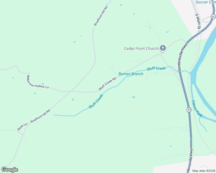 map of restaurants, bars, coffee shops, grocery stores, and more near 64 Bluff Creek Road in Brush Creek