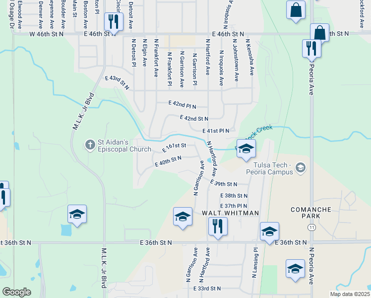 map of restaurants, bars, coffee shops, grocery stores, and more near 567 East 40th Place North in Tulsa