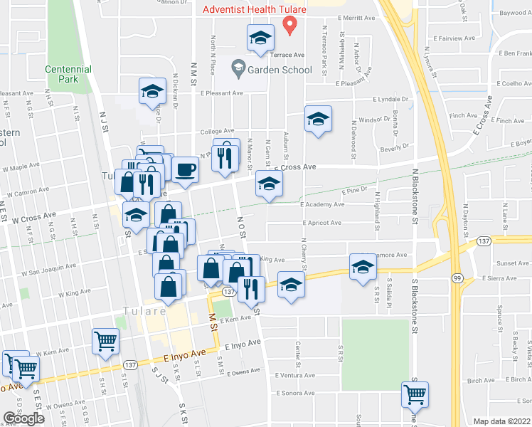 map of restaurants, bars, coffee shops, grocery stores, and more near 425 North Gem Street in Tulare