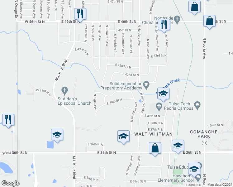 map of restaurants, bars, coffee shops, grocery stores, and more near 538 East 40th Place North in Tulsa