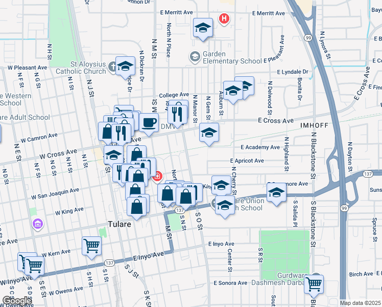 map of restaurants, bars, coffee shops, grocery stores, and more near 600 East Willow Court in Tulare