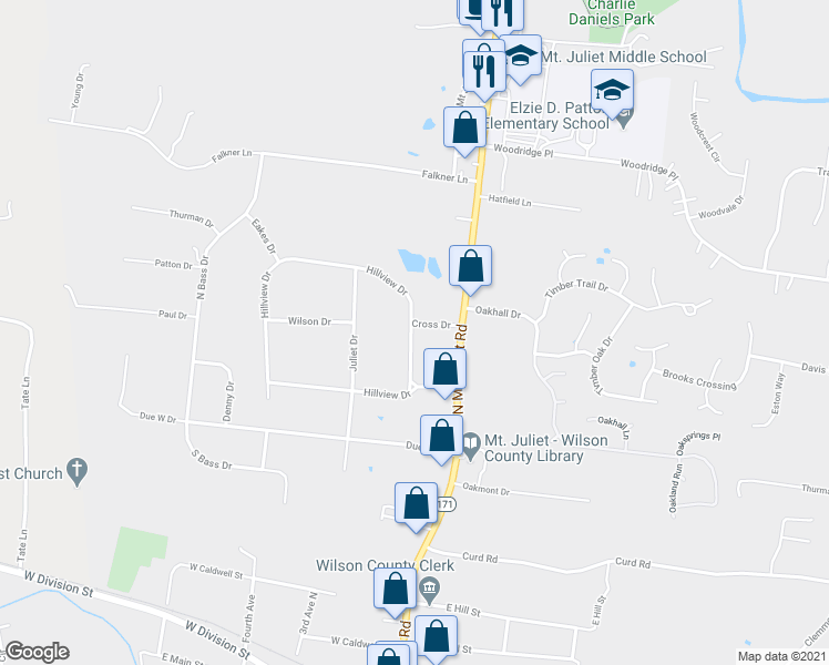 map of restaurants, bars, coffee shops, grocery stores, and more near 716 Hillview Drive in Mt. Juliet