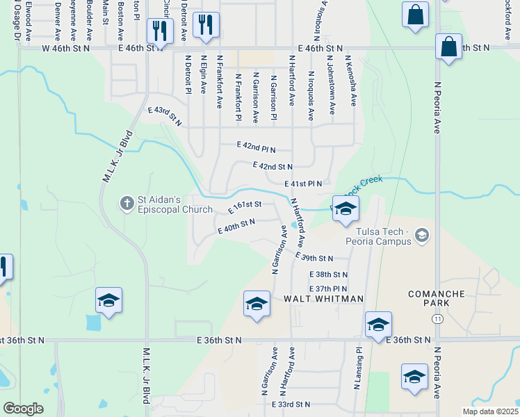 map of restaurants, bars, coffee shops, grocery stores, and more near 567 East 40th Place North in Tulsa