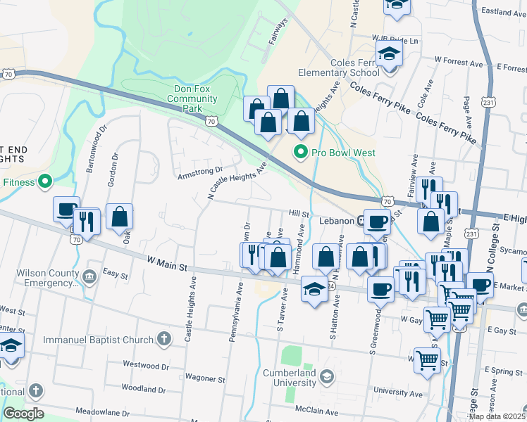map of restaurants, bars, coffee shops, grocery stores, and more near 518 Hill Street in Lebanon