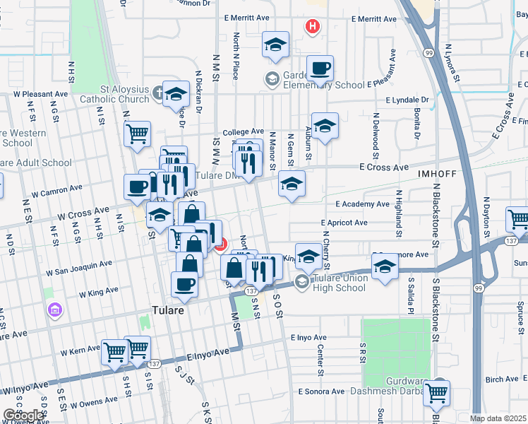 map of restaurants, bars, coffee shops, grocery stores, and more near 600 East Willow Court in Tulare
