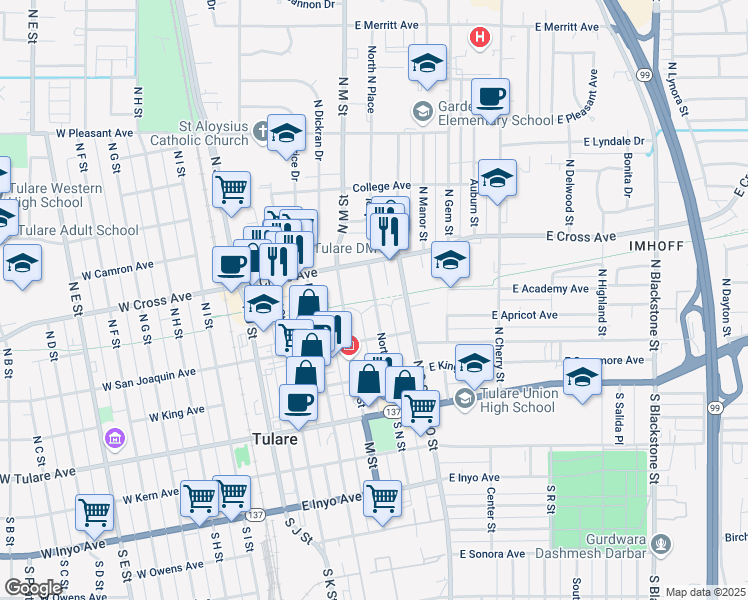 map of restaurants, bars, coffee shops, grocery stores, and more near Tulare Santa Fe Trail in Tulare