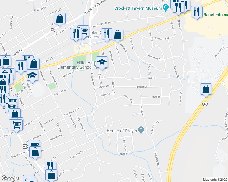 map of restaurants, bars, coffee shops, grocery stores, and more near 623 Harville Street in Morristown
