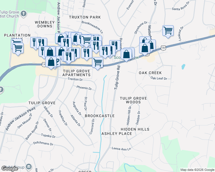 map of restaurants, bars, coffee shops, grocery stores, and more near 528 Raleigh Drive in Nashville