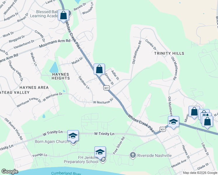 map of restaurants, bars, coffee shops, grocery stores, and more near 2423 Whites Creek Pike in Nashville