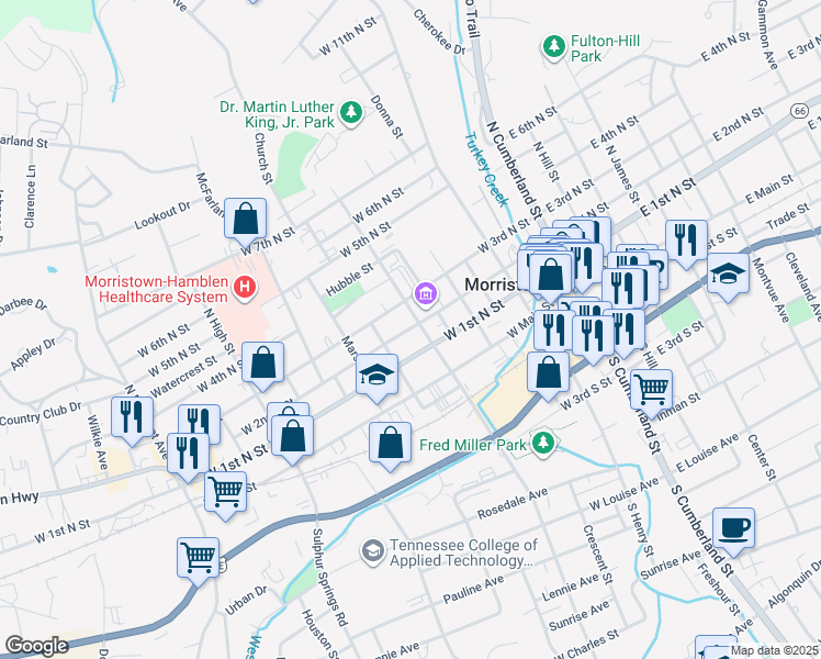map of restaurants, bars, coffee shops, grocery stores, and more near 511 West 2nd North Street in Morristown
