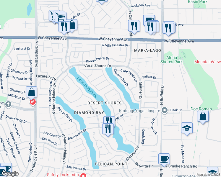map of restaurants, bars, coffee shops, grocery stores, and more near 8016 Shorecrest Drive in Las Vegas