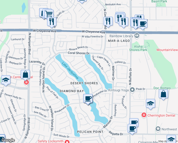 map of restaurants, bars, coffee shops, grocery stores, and more near 8016 Shorecrest Drive in Las Vegas