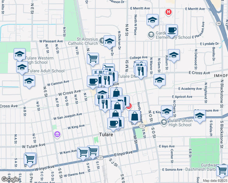 map of restaurants, bars, coffee shops, grocery stores, and more near 425 North L Street in Tulare