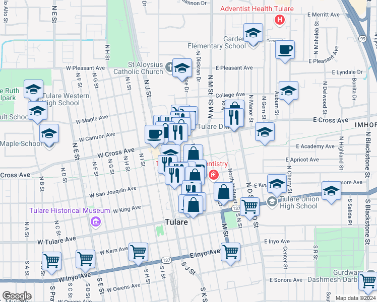 map of restaurants, bars, coffee shops, grocery stores, and more near 435 North L Street in Tulare