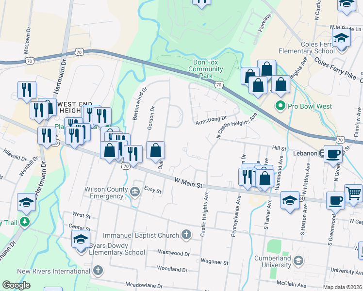 map of restaurants, bars, coffee shops, grocery stores, and more near 731 Castle Heights Court in Lebanon