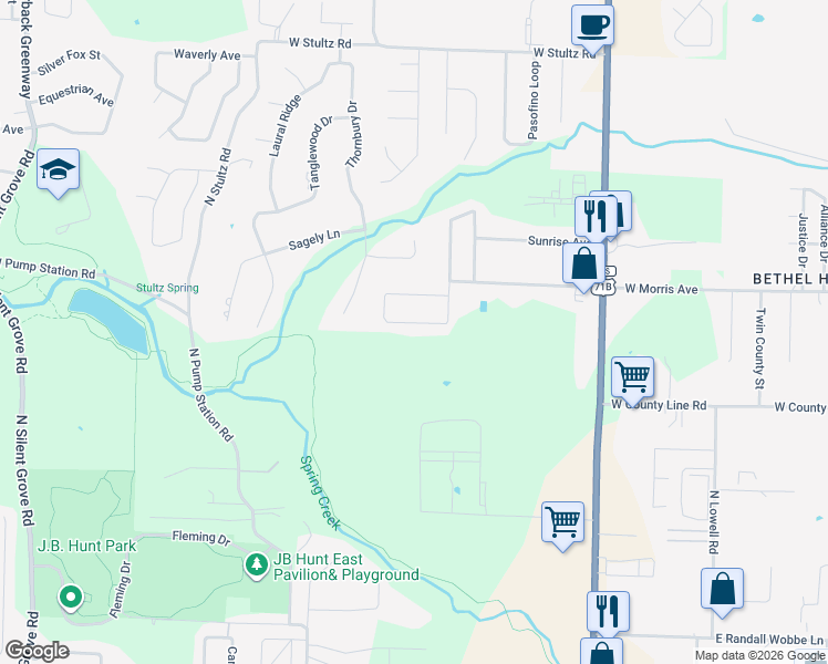 map of restaurants, bars, coffee shops, grocery stores, and more near 1452 Bridgeboro Avenue in Springdale