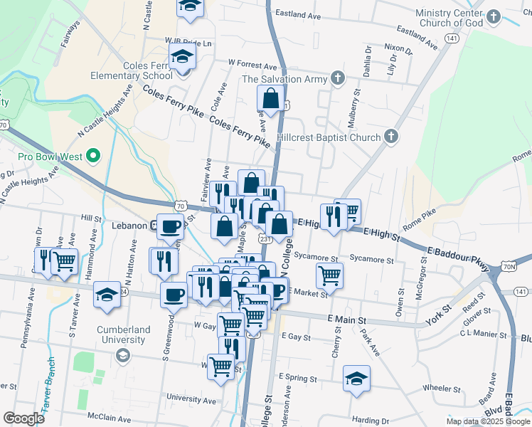 map of restaurants, bars, coffee shops, grocery stores, and more near 402 N Cumberland St in Lebanon