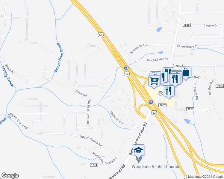 map of restaurants, bars, coffee shops, grocery stores, and more near 1416 Aurora Glen Drive in Rural Hall