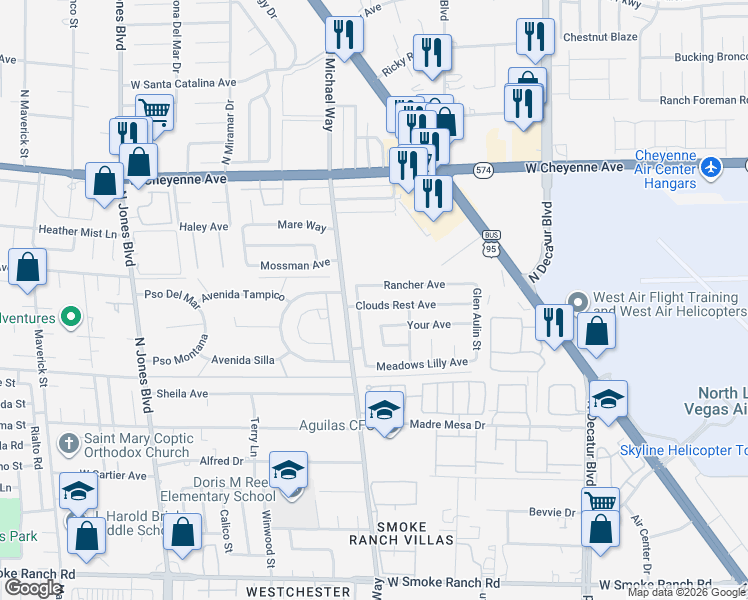 map of restaurants, bars, coffee shops, grocery stores, and more near 5309 Rancher Avenue in Las Vegas