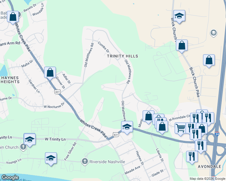 map of restaurants, bars, coffee shops, grocery stores, and more near 26 Yokley Road in Nashville