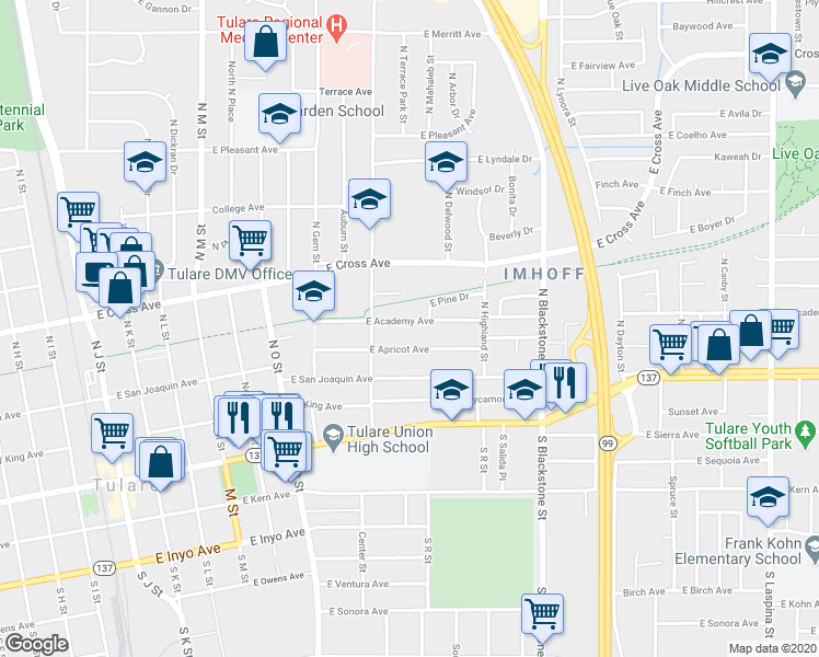 map of restaurants, bars, coffee shops, grocery stores, and more near 867 East Academy Avenue in Tulare