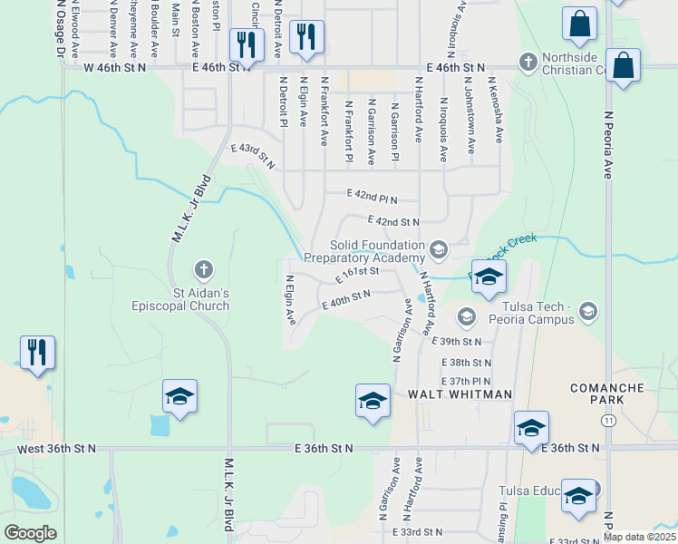 map of restaurants, bars, coffee shops, grocery stores, and more near 527 East 40th Place North in Tulsa
