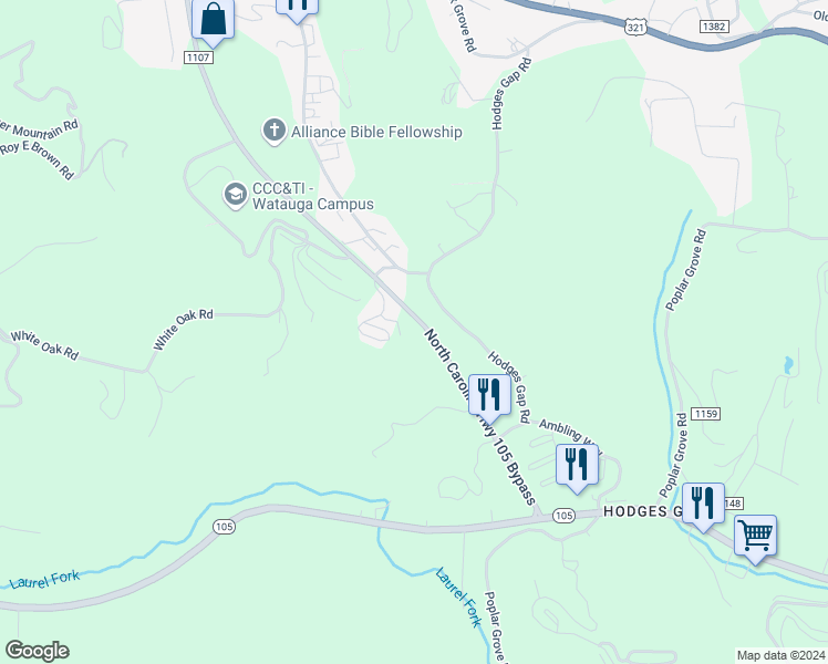 map of restaurants, bars, coffee shops, grocery stores, and more near 1482 North Carolina Highway 105 Bypass in Boone