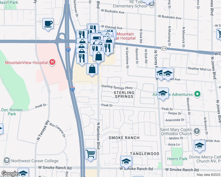 map of restaurants, bars, coffee shops, grocery stores, and more near 6701 Sterling Springs Pkwy in Las Vegas