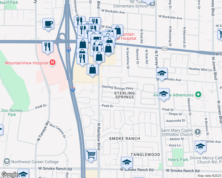 map of restaurants, bars, coffee shops, grocery stores, and more near 6701 Sterling Springs Parkway in Las Vegas