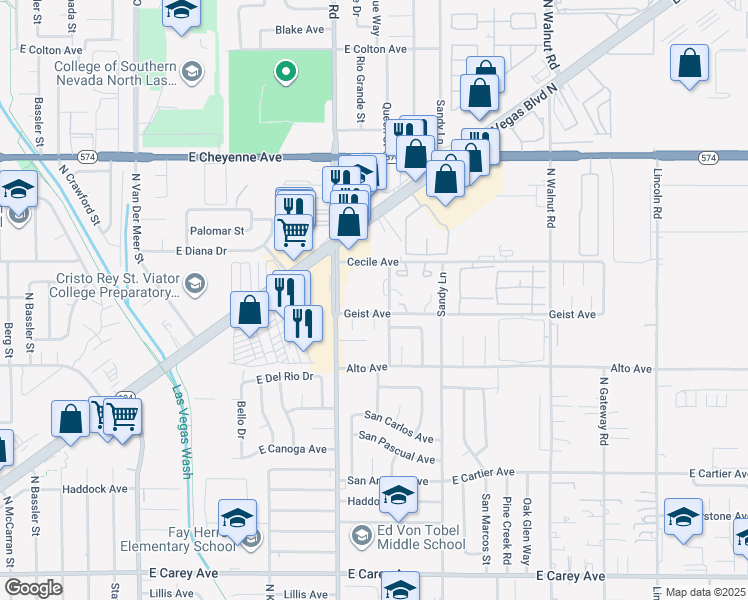 map of restaurants, bars, coffee shops, grocery stores, and more near 2929 Clifford Street in Las Vegas