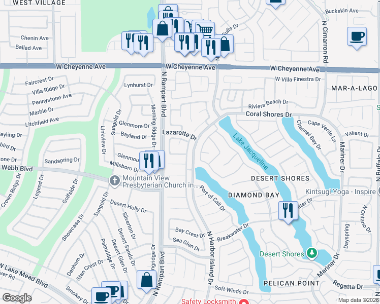 map of restaurants, bars, coffee shops, grocery stores, and more near 2844 Huber Heights Drive in Las Vegas