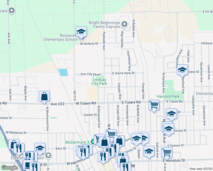 map of restaurants, bars, coffee shops, grocery stores, and more near 828 Parkside Avenue in Lindsay